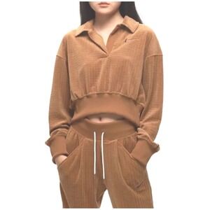 Nike Retro Velour Grid Cropped Polo Pullover Sweatshirt Ale Brown Womens Size XS